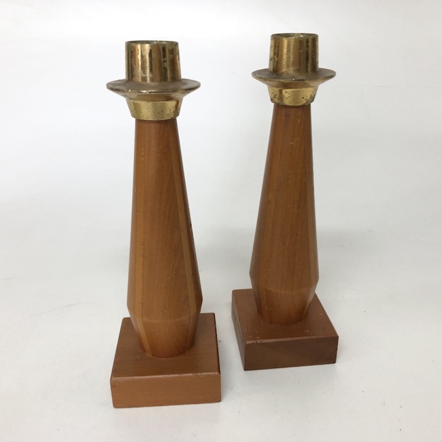 CANDLESTICK, Retro Wood Gold Tip Pair